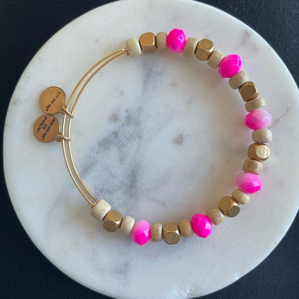Alex and Ani  Gold Bracelet with Pink Crystals and Wooden Beads